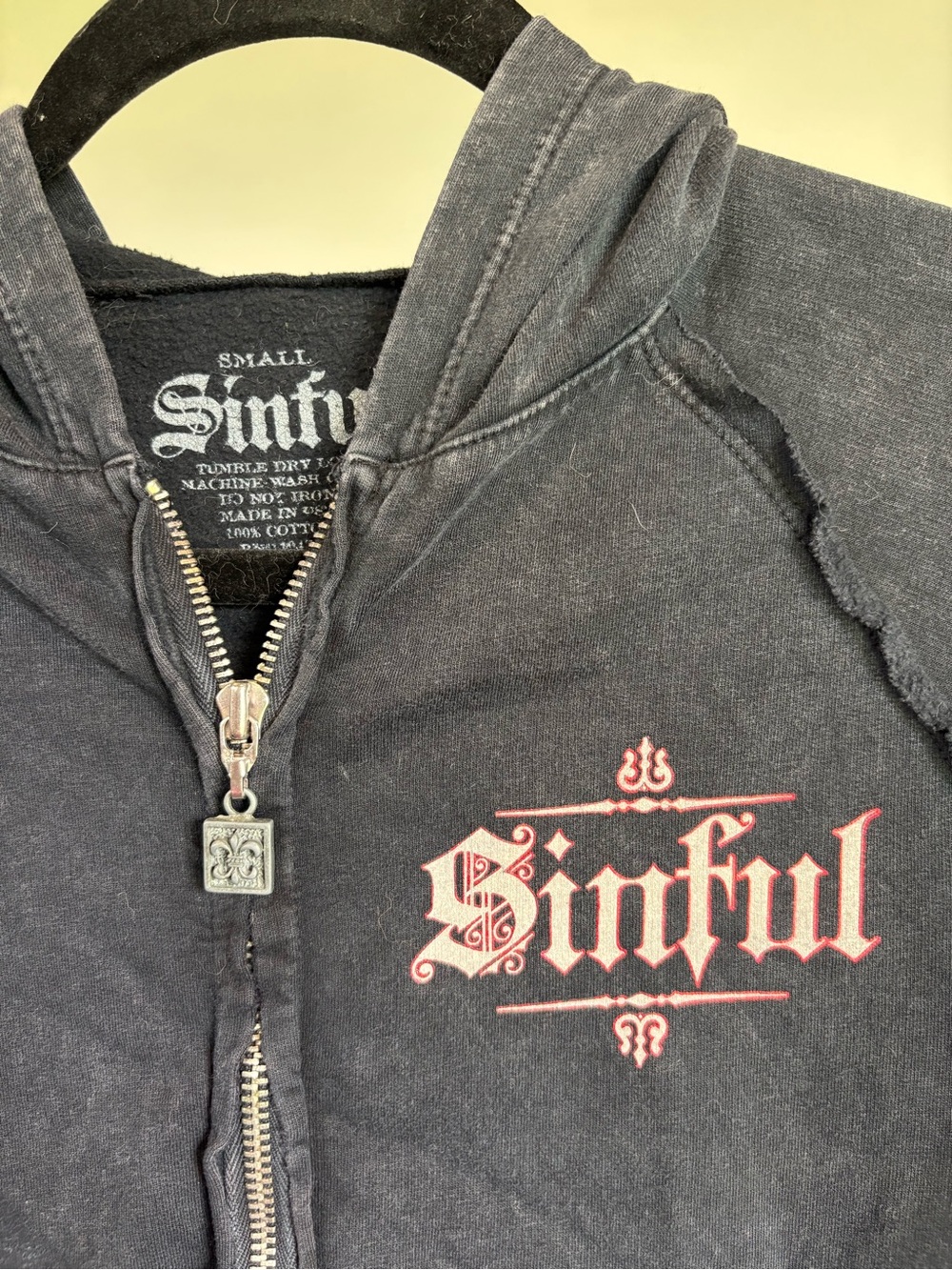 Sinful Black Zip-Up Hoodie with Rhinestones & Red Logo